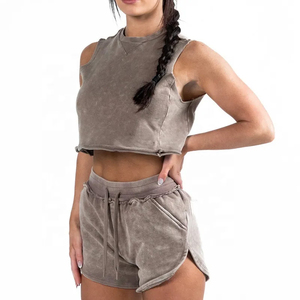 Women Acid Wash Crop Top and Shorts <b>Set</b> Sleeveless <b>Two</b> <b>Piece</b> Casual <b>Lounge</b> Wear Gray Knitted Cotton Spandex - Product Image 2
