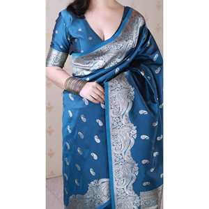 Sari en soie douce Banarasi bleu avec broderie Zari argentée, vêtements indiens et pakistanais, Elite Weaves 650g - Product Image 5