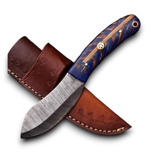 Cuchillo de caza y camping de hoja fija de acero de Damasco hecho a mano con mango de resina exótica de piña, DIY ODM, funda de cuero universal para transporte - Product Image 1