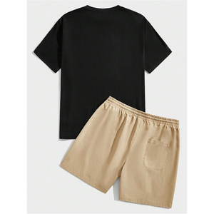 Ensemble décontracté 2 pièces pour homme : T-shirt noir imprimé à col rond et short kaki à cordon de serrage en coton tricoté respirant – Tenue d'été - Product Image 2