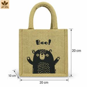 Sac fourre-tout en jute PP naturel avec imprimé ours BOO, 20x20x10 cm, poignée en ruban de coton tressé, logo personnalisé, vente en gros, OEM, marque privée, sacs cadeaux - Product Image 3