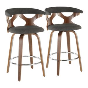 Ensemble de 2 tabourets de bar Gardenia Mid Century Modern en noyer et tissu anthracite - Product Image 1