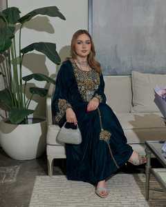 Elegant Women's Middle Eastern Abaya Long Sleeve Floor Length Beaded Velvet Wedding Dress Solid Color Loose Fit - Product Image 1