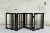 Porte pour animaux de compagnie moderne de luxe en bois et acier inoxydable avec revêtement en poudre |   Clôture pliable autoportante pour chat, mobilier d'intérieur haut de gamme |