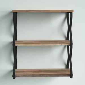 Industrial Wood Wall Mounted Bookshelf 3 Tier Storage Rack for Living Room Durable Metal <b>Frame</b> - Product Image 1