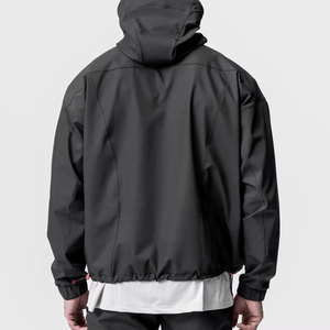 Men's Windproof Hooded Quarter-Zip Solid Color Black Polyester Shell with Zippered Pocket <b>Coach</b> Jacket For Online Sale - Product Image 4