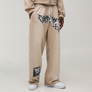 Streetwear Stylish Hip Hop Straight <b>Joggers</b> Men's Drawstring Waist Wide Leg Patch Applique Cross Washed Sweatpants for Men - Product Image 1