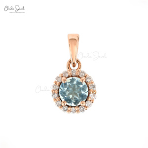 Chordia Jewels Natural 4mm Round Cut Aquamarine & Diamond Halo <b>Pendant</b> 14k <b>Solid</b> Rose <b>Gold</b> Wholesale Wedding <b>Pendant</b> Jewelry - Product Image 1