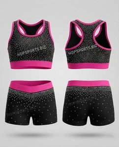 Ensemble de vêtements d'entraînement pour cheerleading/danse avec strass, noir et rose, soutien-gorge et short scintillants, vêtements d'entraînement pour cheerleading - Product Image 2
