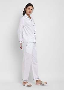 Women's 100% Cotton Long Sleeve Pajama <b>Set</b> <b>White</b> Classic Two-<b>Piece</b> Soft Woven Sleepwear Spring Full Length Button Fly - Product Image 2