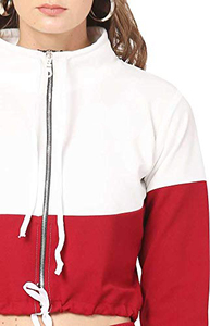 Sweat-shirt décontracté pour femme à col montant et fermeture éclair, manches longues, color block, rouge et blanc, 100 % polyester, pour l'automne - Product Image 1