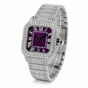 Reloj cuadrado unisex de lujo de acero inoxidable con esfera morada, incrustaciones de diamantes, movimiento de cuarzo analógico con fecha, cierre plegable de 41 mm - Product Image 2