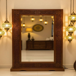 <b>Large</b> leaning floor <b>mirror</b> framed in natural wood with a playful scalloped outer edge, available at wholesale prices. - Product Image 4