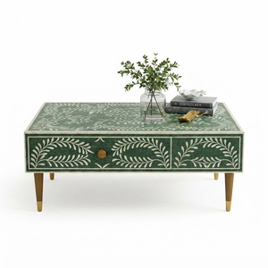 Table basse carrée classique en os bleu incrusté, table centrale artisanale, design floral, meubles de salon avec base en métal doré - Product Image 5