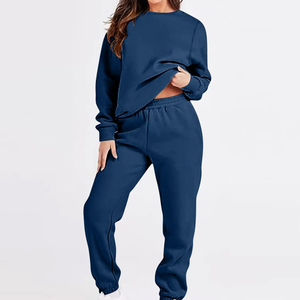 Ensemble de jogging décontracté pour femme en coton bleu marine, coupe ample, col rond, manches longues, avec poches latérales et taille élastique, idéal pour l'automne - Product Image 6