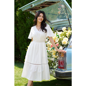 2026 ग्रीष्मकालीन v गर्दन की पुफ आस्तीन एक लाइन शादी के अतिथि पोशाक लंबे बोहो सफेद मिडी पोशाक - Product Image 6