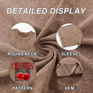 Camisetas con Estampado de Cerezas para Mujer, Camiseta Vintage con Estampado de Leopardo y Fruta de Cereza, Lavado Ácido, Cuello Redondo, Estilo Urbano - Product Image 6