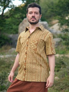 เสื้อเชิ้ตผ้าฝ้ายสีมัสตาร์ดพิมพ์ลายด้วยมือสำหรับผู้ชาย สไตล์ดั้งเดิม งานฝีมือ ชุดลำลอง แขนสั้น ติดกระดุม - Product Image 6