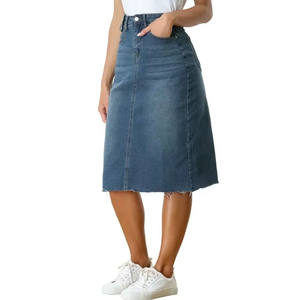 Women Fashion Denim Skirt Distressed Hem Front Pockets Durable Fabric Stylish Cut Everyday Outfit Perfect for Summer Wear - Product Image 3