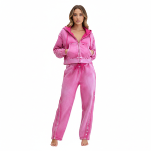 Glory Custom Acid Wash Rhinestone French Terry Cropped Hoodie With Baggy Knitted <b>Pant</b> New Trendy Look For Unisex Street Wear - Product Image 3