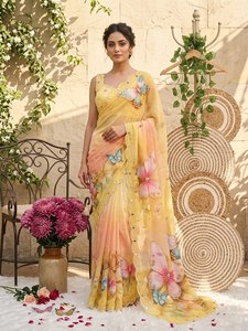 Sari de seda georgette con estampado digital de mariposas, bordado a mano con Khatli, espejos y perlas, y borde con diseño de alas digitales. - Product Image 1
