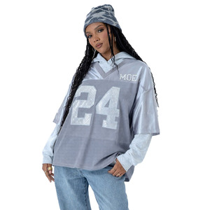 เสื้อฮู้ดดี้ตาข่ายโอเวอร์ไซส์สำหรับผู้หญิง ขายส่ง พิมพ์ลายตัวเลขด้วยเพชรเทียม สไตล์สตรีทแวร์ ผู้ผลิตเสื้ออเมริกันฟุตบอล - Product Image 2