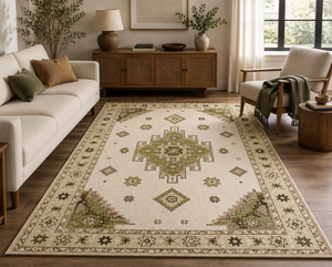 Tapis en laine vert sauge ivoire à motif médaillon, tapis à motif diamant architectural, bordure étoilée, antidérapant, écologique, pour boutique - Product Image 6
