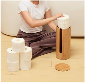 Porte-rouleau de papier toilette en bambou avec couvercle de rangement, durable, design classique, pour rouleaux de papier toilette et lingettes - Product Image 5