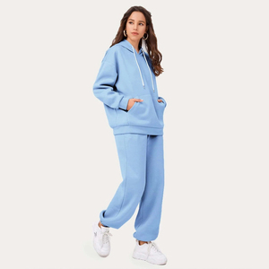 Conjunto Deportivo Azul Claro con Capucha para Mujer, Estilo Casual, Color Sólido, con Bolsillos Laterales, Cintura Elástica, Corte Holgado, Estilo Otoñal - Product Image 3