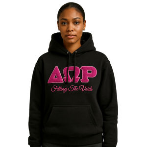 Sweat à capuche en coton et polyester noir Delta Psi Rho Sorority, collection Filling the Voids Greek Life Apparel, doux, confortable, vêtement décontracté - Product Image 1