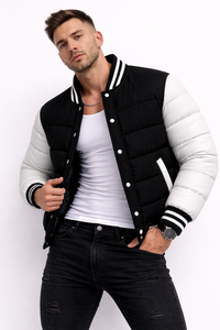 Blouson matelassé varsity noir et blanc pour homme, manteau bomber d'hiver matelassé, boutons-pression, streetwear, logo personnalisé, fabricant OEM ODM - Product Image 4