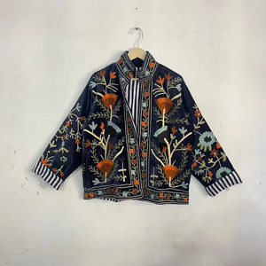 Boho Suzani Embroidered Velvet Jacket <b>Women</b> Navy Blue Ethnic Short <b>Coat</b> Stylish Winter Autumn Wear - Product Image 1