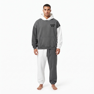 Conjunto de chándal de algodón grueso personalizado para hombre, de dos tonos, con sudadera con capucha de hombros caídos de corte holgado y bloques de color - Product Image 1