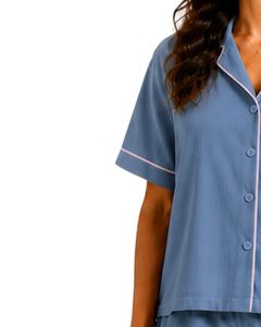 Customized Dusty Blue Women Pajama Set Short Sleeve Button <b>Down</b> Nightwear Soft Breathable Summer Sleepwear Casual Lounge Set - Product Image 3