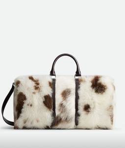 Unisex Rectangular Cowhide Leather Eco-Friendly Lightweight Duffle Bag White Brown Spot Pattern Top Handle Zipper Closure Travel - Product Image 2