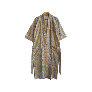 Robe kimono en coton imprimé à la main pour femme, col en V, manches longues, longueur longue, 2 poches avant, cordon de serrage, vêtements de nuit durables - Product Image 1