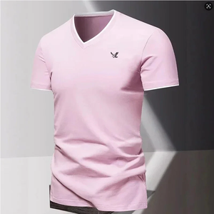 T-shirt décontracté pour homme, nouvelle collection été, luxe léger, couleur unie, col en V, manches courtes, polyvalent et fin - Product Image 3