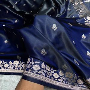 Sari de Seda Pura Banarasi Mashru Katan con Tejido Floral Meenakari, Suave y de Primera Calidad, Hecho a Mano, para Bodas, Fiestas y Protección Solar - Product Image 1