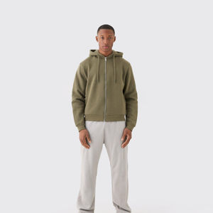 Men's Olive Green Hooded <b>Zip</b>-<b>Up</b> Hoodie Regular Fit Cotton French Terry Casual Autumn Wear - Product Image 3