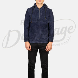 Sudadera con Capucha para Hombre, Color Azul Marino, de Gamuza Genuina, con Cierre de Cremallera de un Cuarto y Bolsillo Frontal - Product Image 4