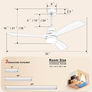 Ventilatore da soffitto reversibile da 52 pollici con motore DC, luce LED dimmerabile e telecomando a 6 velocità, 3 pale in legno per camere da letto - Product Image 6