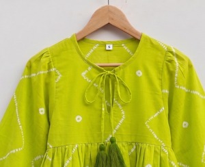 Blusa Boho Verde Lima para Mujer con Lazos Delanteros, Mangas Abullonadas, Estampado Geométrico, Algodón Tejido Transpirable, Cuello en V de Encaje, Holgada - Product Image 4