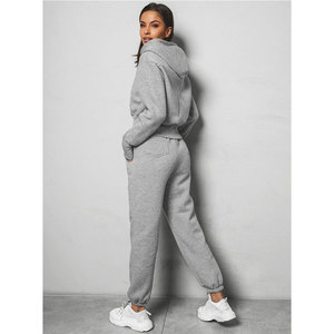 Women’s Fashionable Crop Zipper <b>Jogger</b> Tracksuit <b>Set</b> Solid Color Breathable Cotton Women Gym & Fitness Zipper Tracksuit <b>Set</b> - Product Image 3