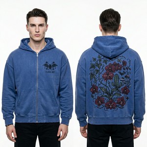 Sweat à capuche zippé pour homme, coupe oversize, bleu délavé vintage, avec broderie personnalisée motif chauve-souris et graphique floral, style streetwear, Factory - Product Image 1