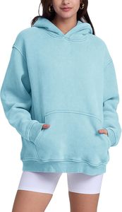 เสื้อสเวตเชิ้ตมีฮู้ดสีฟ้าอ่อนทรงโอเวอร์ไซส์สำหรับผู้หญิง ผ้าถักเนื้อฝ้ายสีพื้น มีกระเป๋าเสื้อ สวมใส่สบายๆ ในฤดูใบไม้ร่วง - Product Image 4
