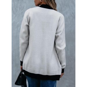 Women's Gray Knitted <b>Cardigan</b> <b>Long</b> Sleeve V-Neck Contrast Color Casual Button Closure Regular Fit All Seasons Wear - Product Image 5