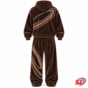 Ensemble de survêtement Premium Coffee Luxe Orbit 280 GSM en velours et velours côtelé avec strass et cristaux, comprenant un sweat à capuche et un pantalon ample, sweat à capuche Premium orné de strass - Product Image 2