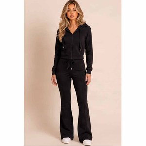 Conjunto Deportivo de 2 Piezas para Mujer, Sudadera Corta con Capucha y Cierre, Pantalones Deportivos Anchos, Corte Holgado Informal, para Todas las Temporadas, Color Negro Sólido - Product Image 2