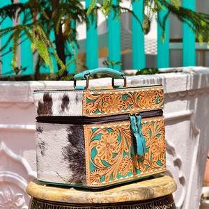 Hot Sale Hand Tooled 100% Genuine Leather Western Stylish <b>Makeup</b> Cosmetic Storage <b>Box</b> Handmade Jewelry <b>Box</b> With Hair On Hide Fur - Product Image 4