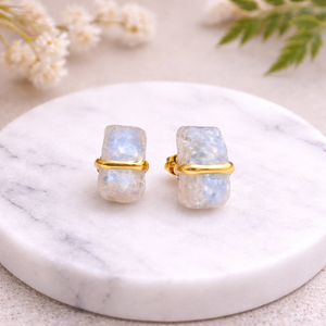 Raw Rainbow Moonstone Brass Gold Plated Handmade Rectangular Rough Stone <b>Stud</b> Minimalist Boho Birthstone Jewelry for Women - Product Image 1